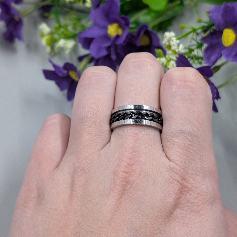 Vintage Black Chain Spinning Fidget Ring Size 8